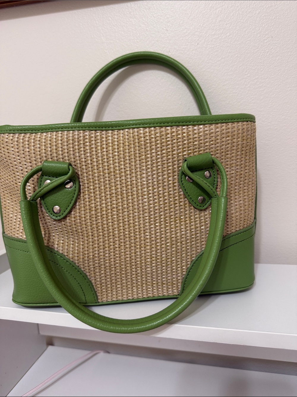 Green Trim Straw Tote Bag
